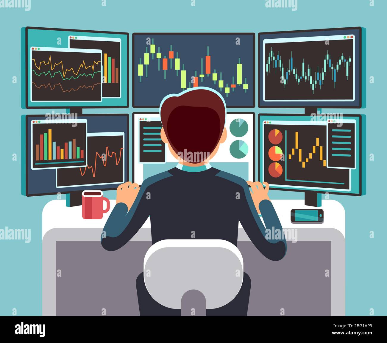 Stock market trader looking at multiple computer screens with financial and market charts. Business analysis vector concept. Broker and trader financial on work place illustration Stock Vector