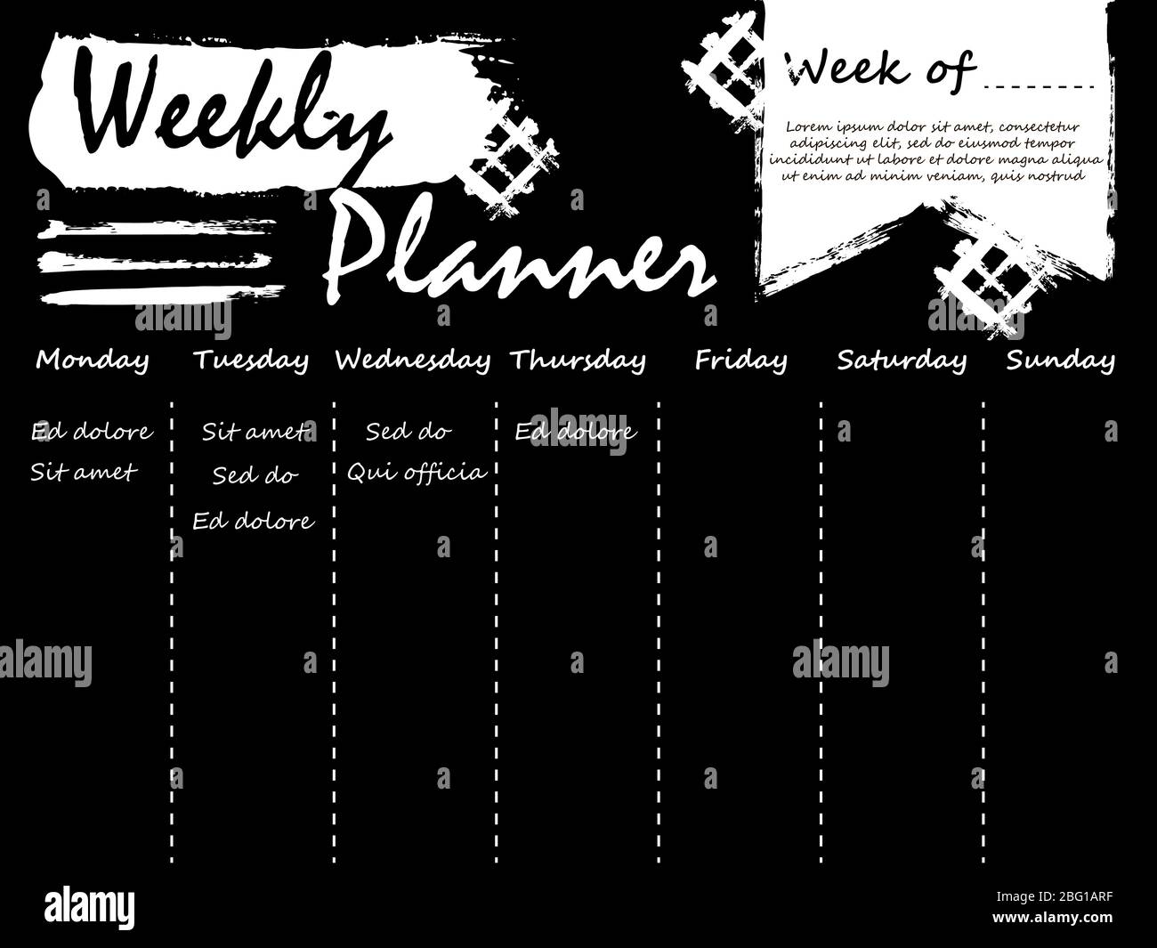 Black and white weekly planner template design with grunge effect. Vector illustration Stock Vector