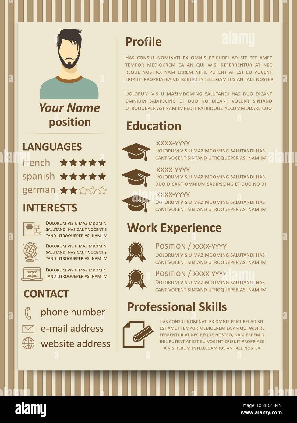 Modern flat male resume tempate with design elements. Vector of resume for business company illustration Stock Vector