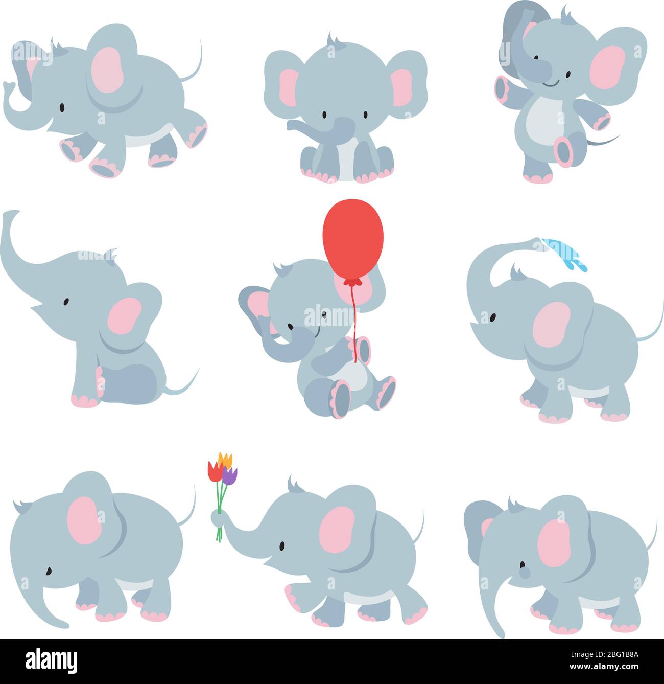 Cute cartoon baby elephants. Animals african safari animals vector set. Elephant african cartoon, happy friendly animal illustration Stock Vector