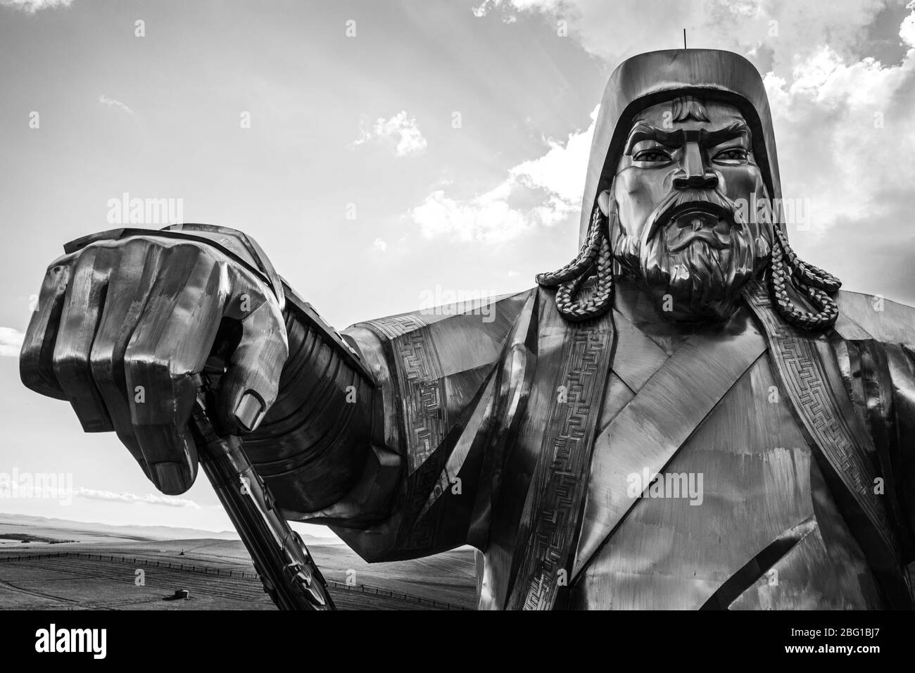 Genghis Khan giant equestrian statue, seen from horse's head - Genghis Khan Statue Complex, Mongolia Stock Photo