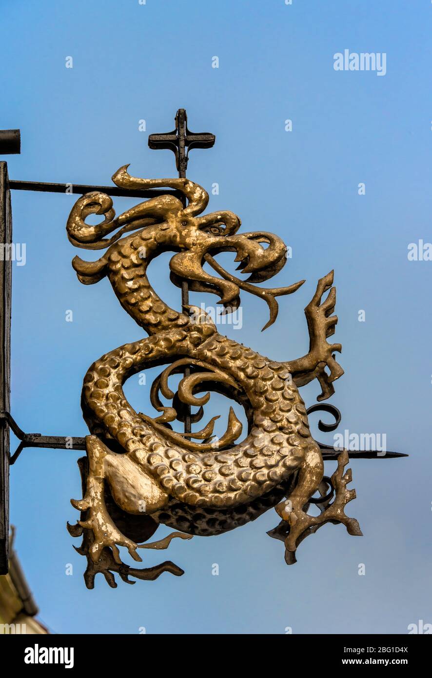 Dragon sign at Casa Dracula, Citadel in Sighisoara, Transylvania, Romania Stock Photo