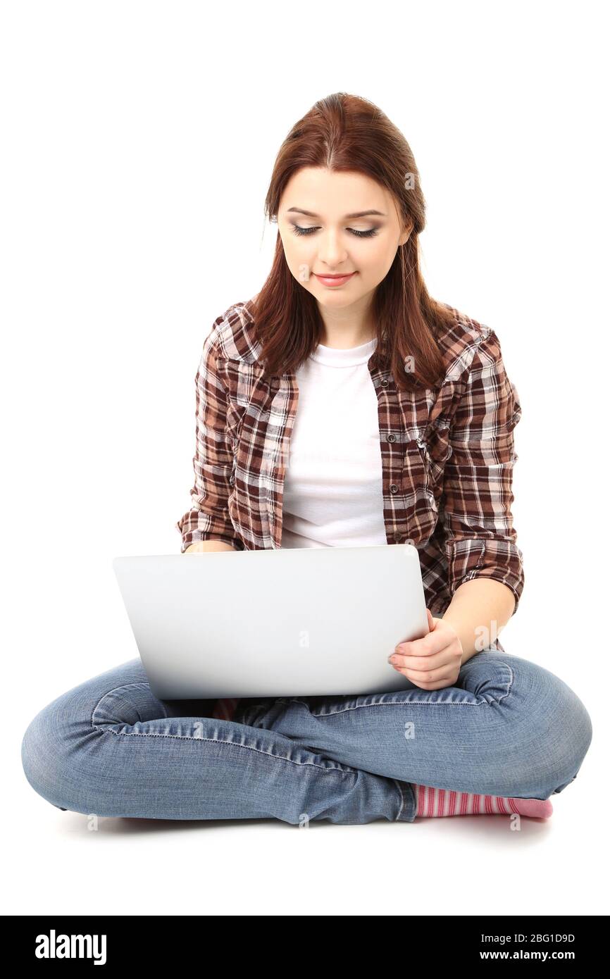 Beautiful young woman with laptop isolated on white Stock Photo - Alamy