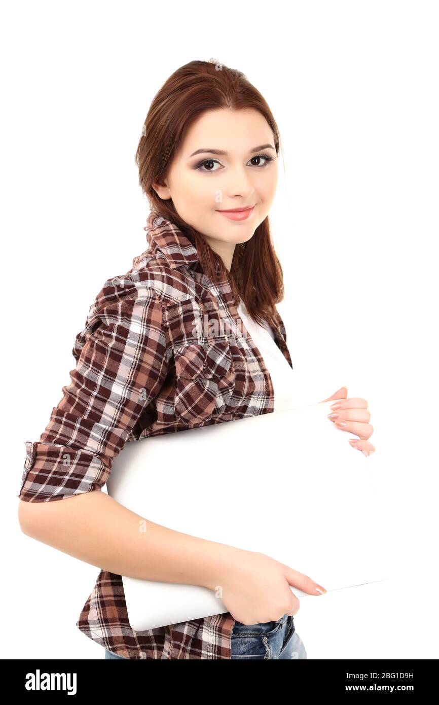 Beautiful young woman with laptop isolated on white Stock Photo - Alamy