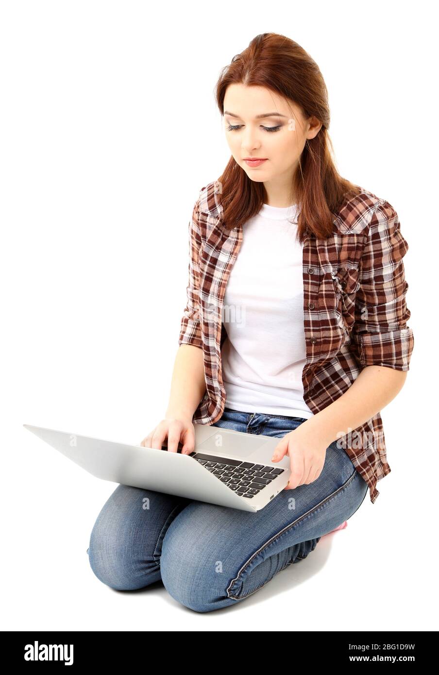 Beautiful young woman with laptop isolated on white Stock Photo - Alamy