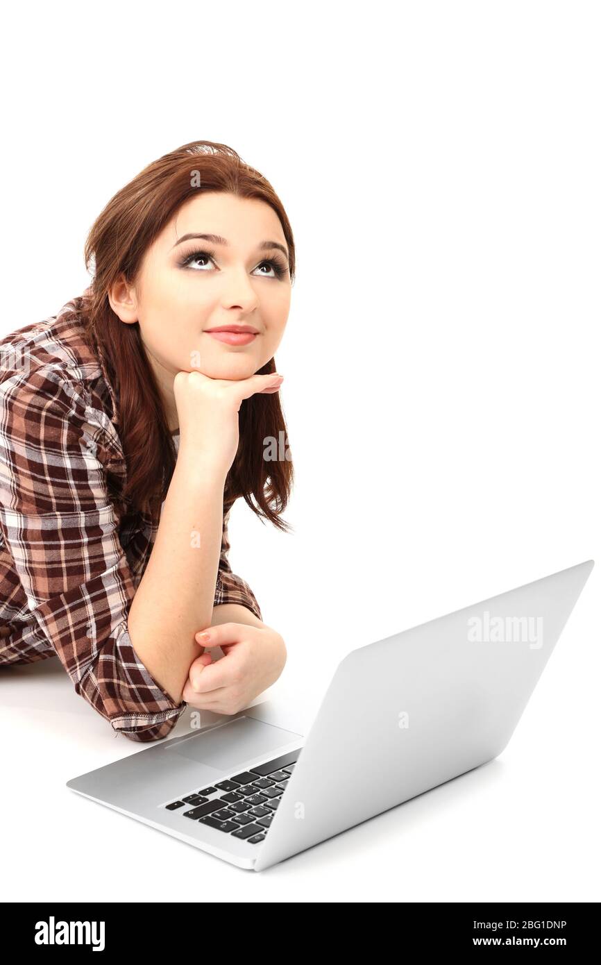 Beautiful young woman with laptop isolated on white Stock Photo - Alamy
