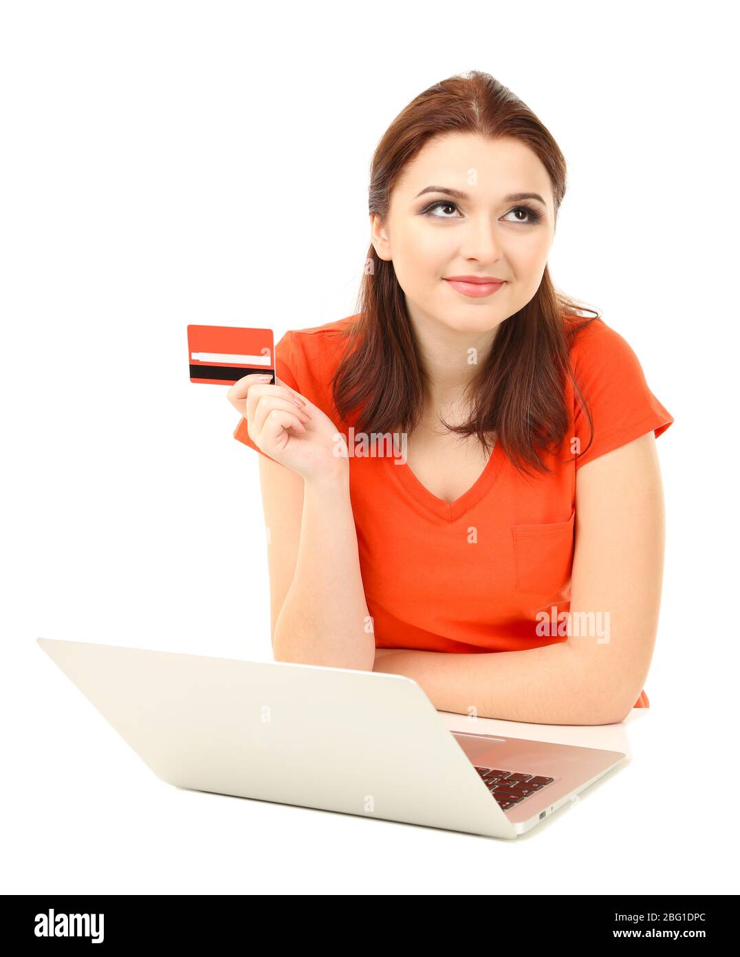 Beautiful young woman with laptop isolated on white Stock Photo - Alamy