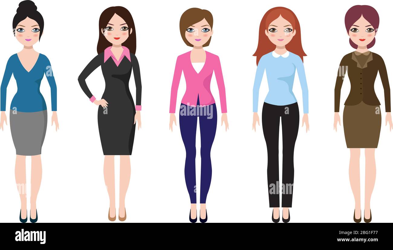Young girl standing in different casual clothes isolated. Businesswoman in dress and pants vector set. Woman adult, businesswoman character in formal Stock Vector