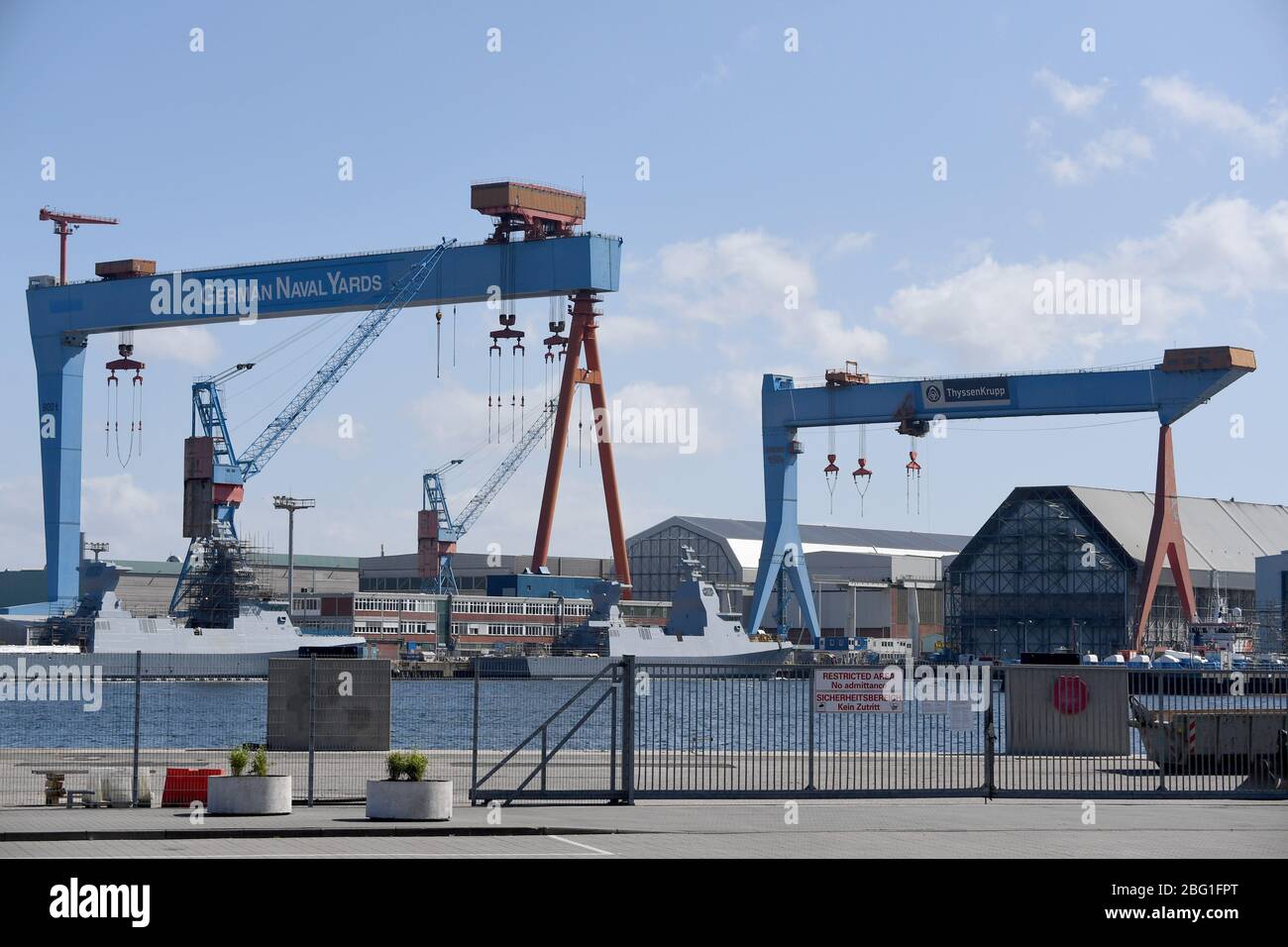 Kiel, Germany. 17th Apr, 2020. View of the factory premises of German Naval Yards Holdings GmbH (GNYH) and Thyssen Krupp Marine Systems (TKMS) on the Kiel Fjord. Credit: Carsten Rehder/dpa/Alamy Live News Stock Photo
