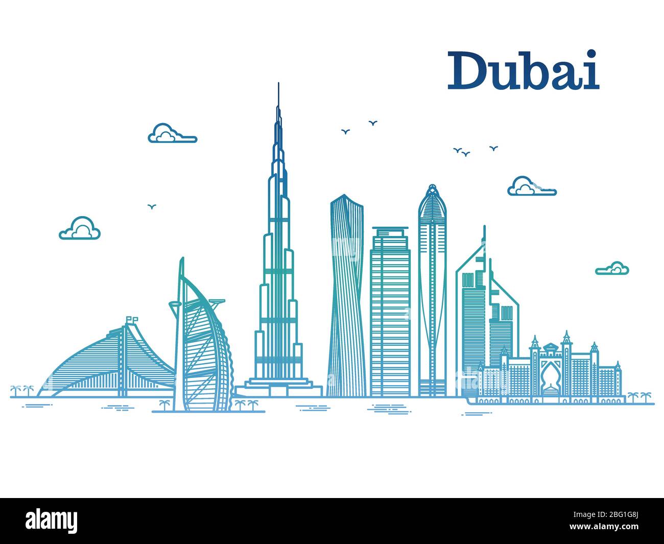 Colorful detailed dubai line vector cityscape with skyscrapers. Dubai urban building, business city illustration Stock Vector