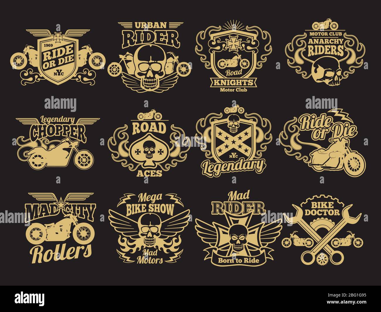 Motorbike club vintage vector patches on black. Motorcycle racing labels and emblems. Illustration of motorbike label, legendary emblem and badge Stock Vector