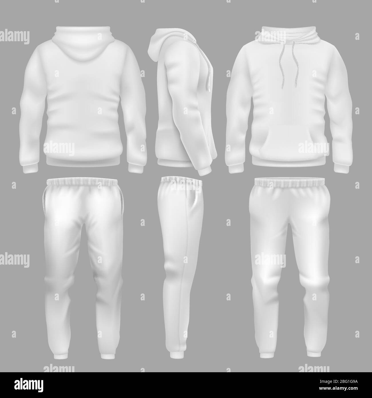 White hooded sweatshirt with sports trousers. Active sport wear hoodie and pants vector templates. Sportswear sweatshirt hoodie and urban pants illust Stock Vector