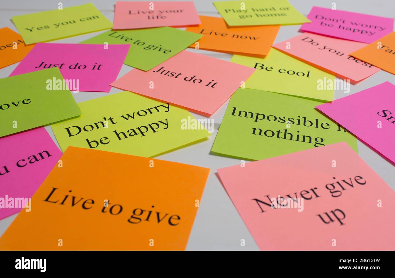 Motivational words on colorful stickers on white background. A vision Board. Cards with words. Affirmation, development, training, seminar. Plan, stra Stock Photo
