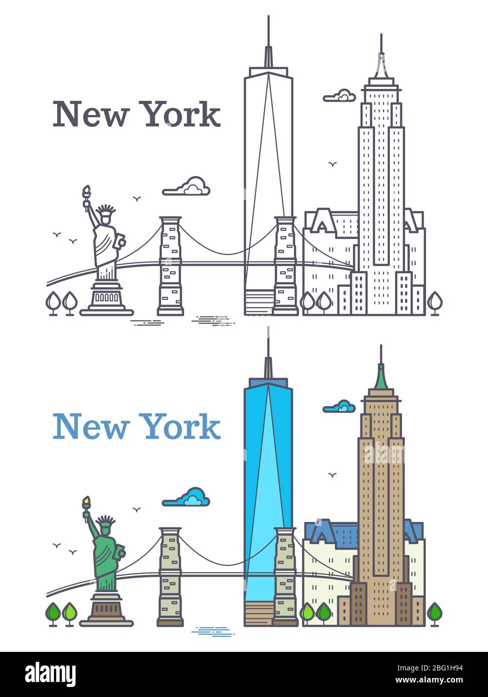 New York city outline skyline, nyc line silhouette, usa tourist and travel concept. Nyc building architecture illustration Stock Vector