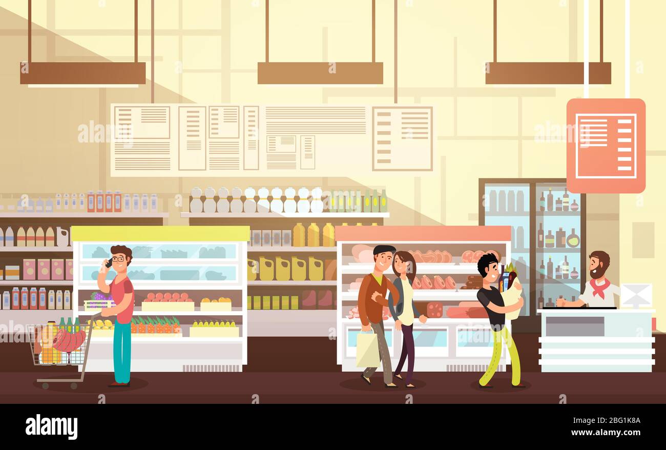 People shopping in grocery store. Supermarket retail interior with customers flat vector
