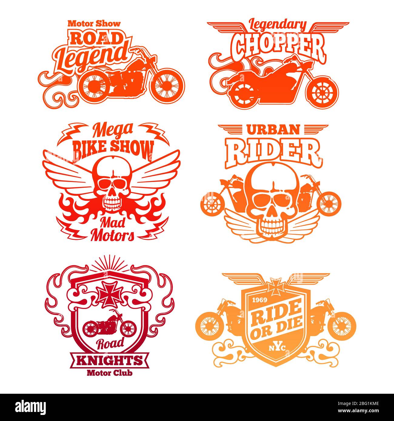 Bright motorcycle labels. Motorbike retro badges and logos isolated on white. Vector illustration Stock Vector
