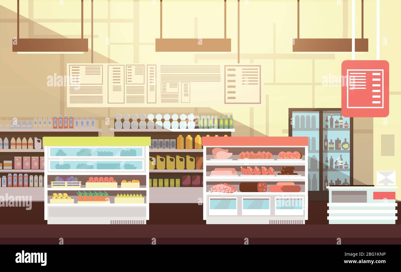 Modern super market empty interior flat vector illustration. Retail