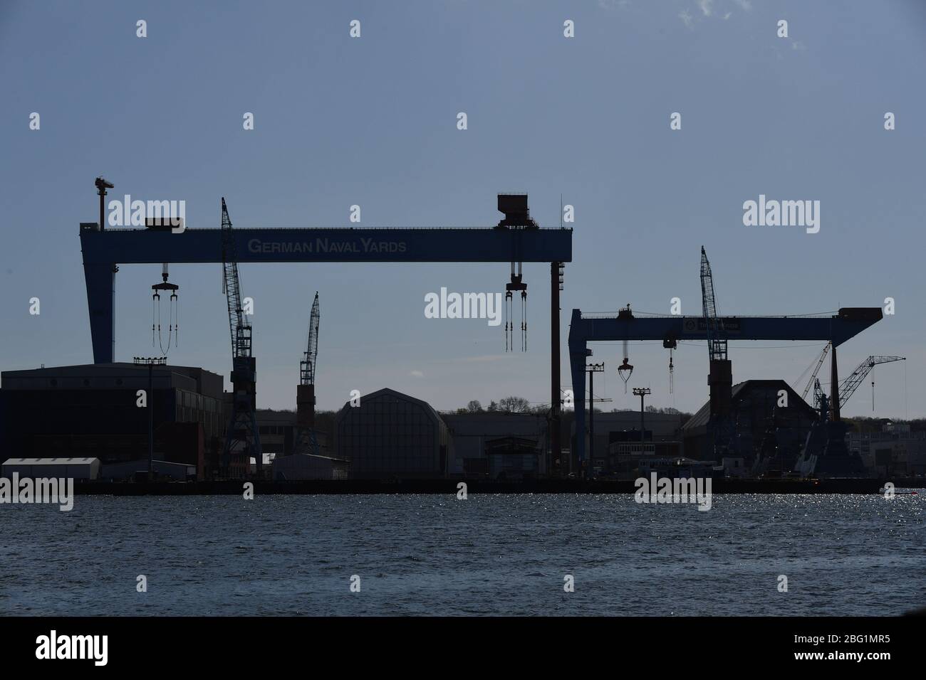Kiel, Germany. 17th Apr, 2020. View of the factory premises of German Naval Yards Holdings GmbH (GNYH) and Thyssen Krupp Marine Systems (TKMS) on the Kiel Fjord. Credit: Carsten Rehder/dpa/Alamy Live News Stock Photo