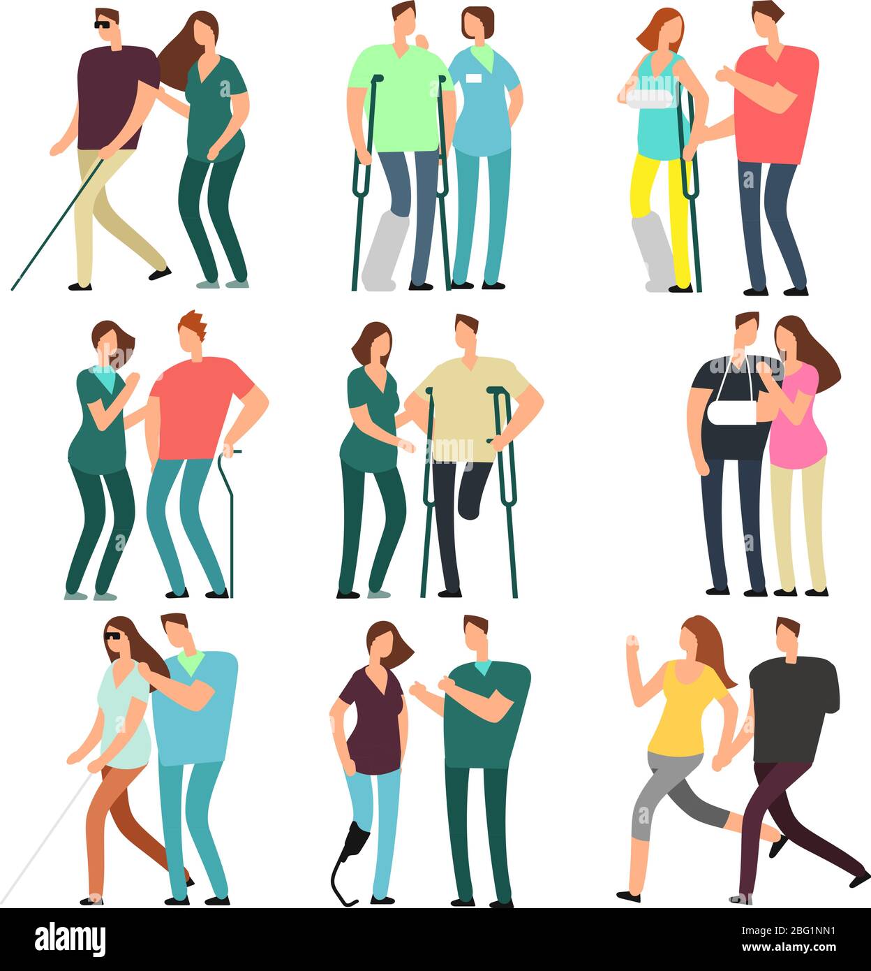 Disabled people with caring friends. Handicapped persons and medical assistants. Character disability patient walking, assistance and care friend. Vec Stock Vector