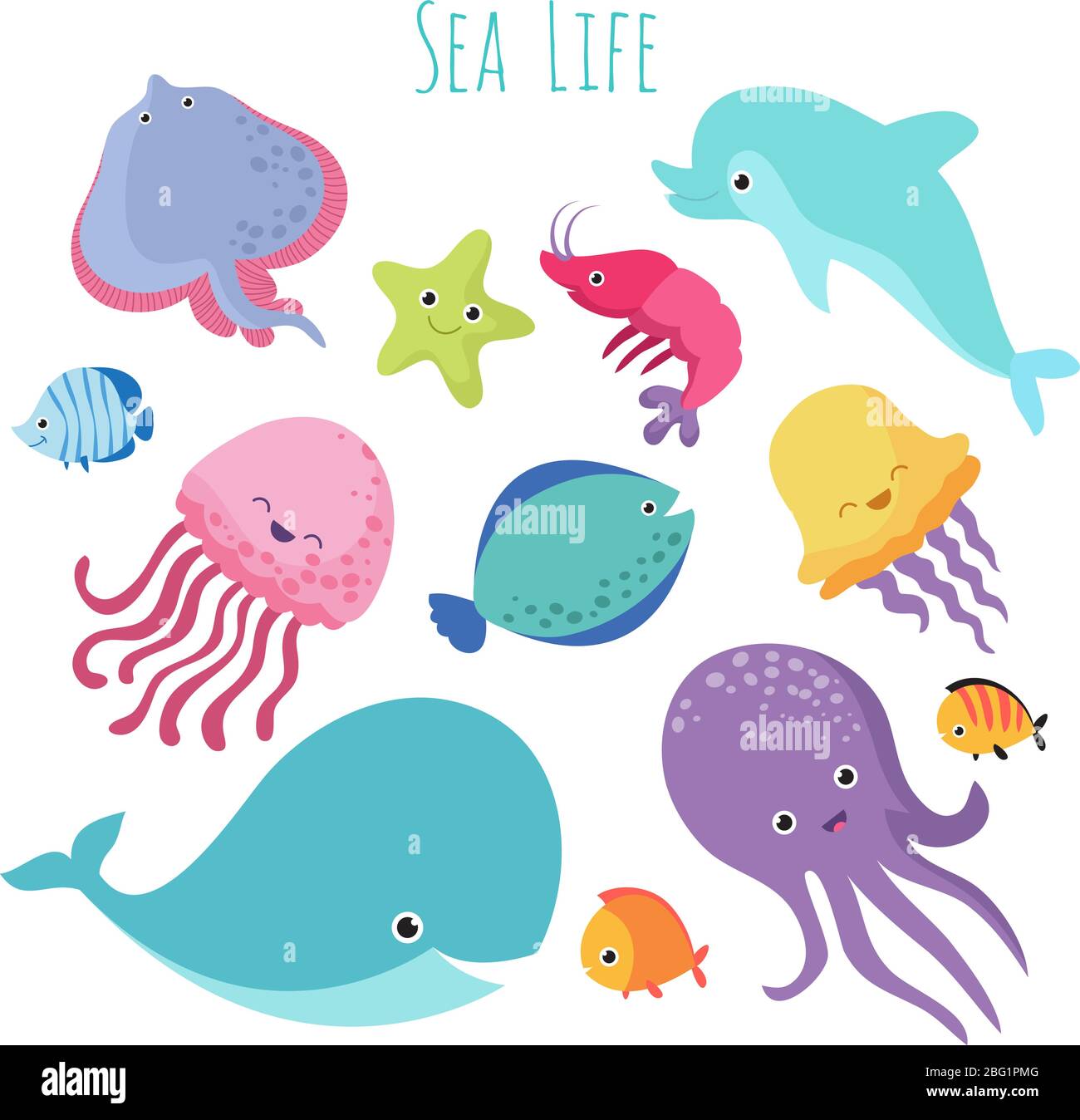Cute baby sea fishes. Vector cartoon underwater animals collection. Jellyfish and starfish, ocean and sea life illustration Stock Vector