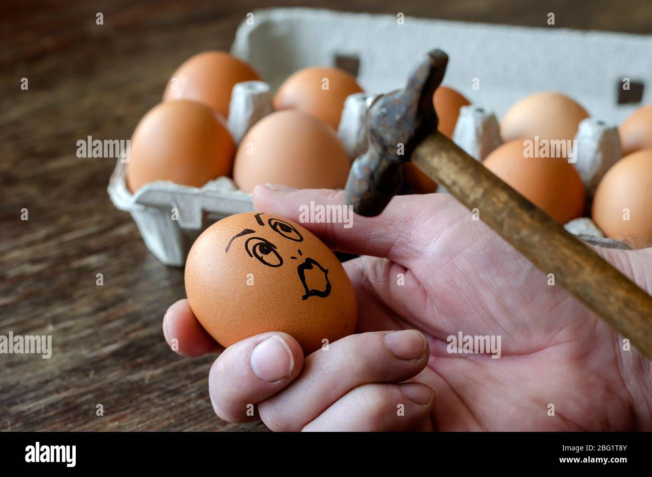 Surprised chicken egg in the hand. Raw chicken egg with grimace of surprise or indignation under the hammer in the palm of your hand. Angled side view Stock Photo