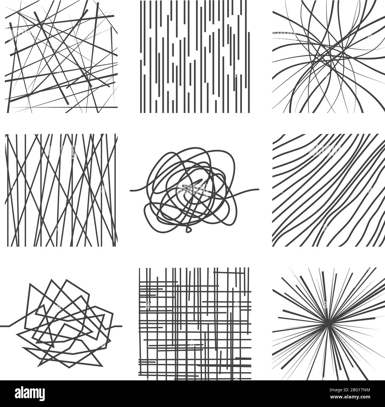 Random chaotic asymmetrical lines. Abstract modern linear vector patterns set. Illustration of line, graphic curve irregular structure Stock Vector