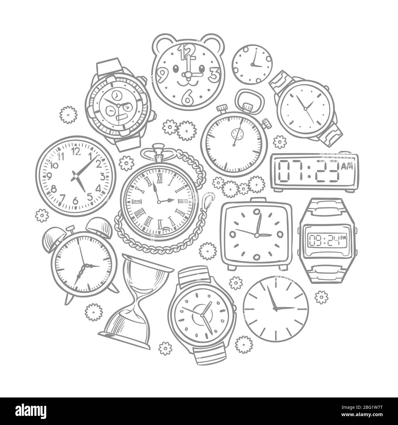 Hand drawn clock, wrist watch doodles time vector concept. Illustration