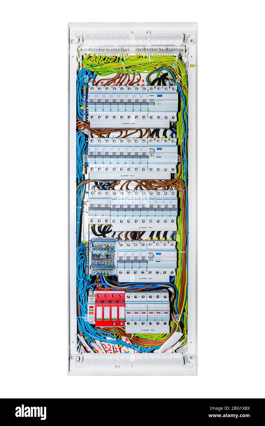 Modern fuse box used at home, single-phase fuses in OFF position, visible three-phase fuses, residual current and storm protection, vertical orientati Stock Photo