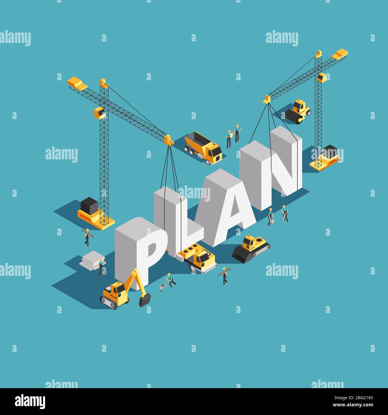 Business plan creation 3d isometric vector concept with workers and