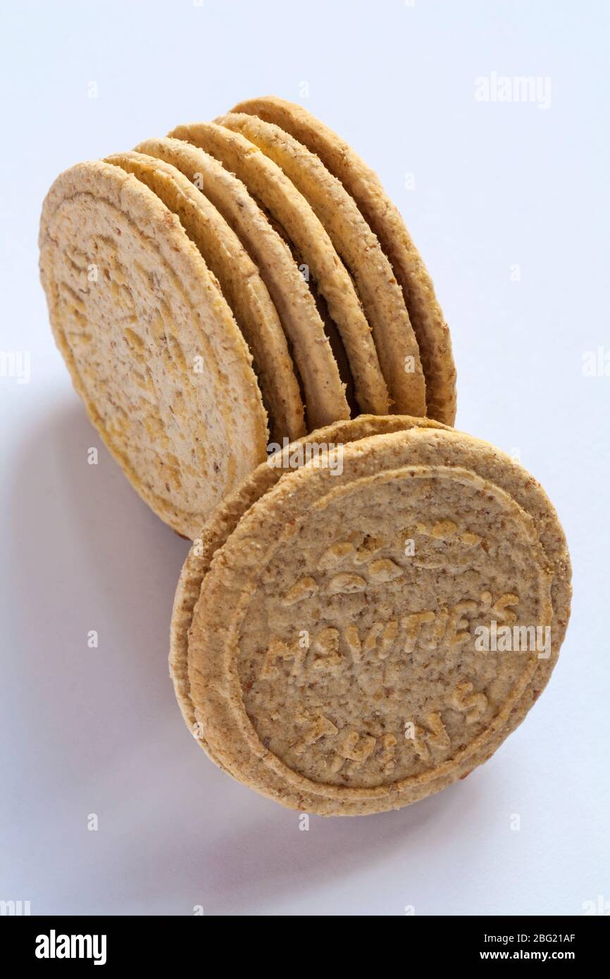 McVities Digestives chocfilled thins milk chocolate biscuits isolated on white background Stock