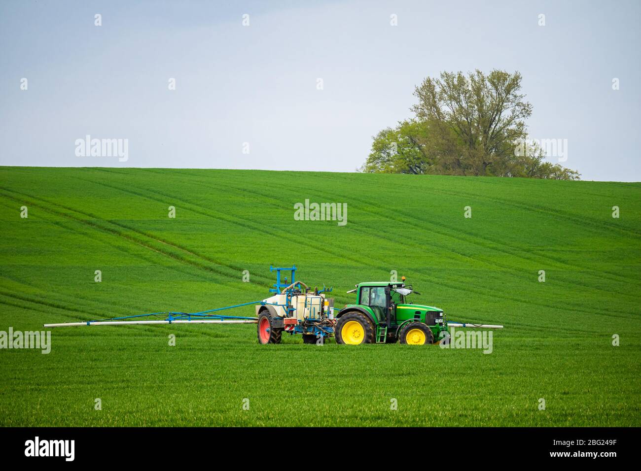 Tractor with trailed sprayer apply herbicides, pesticides or fertilizers on agricultural crops Stock Photo