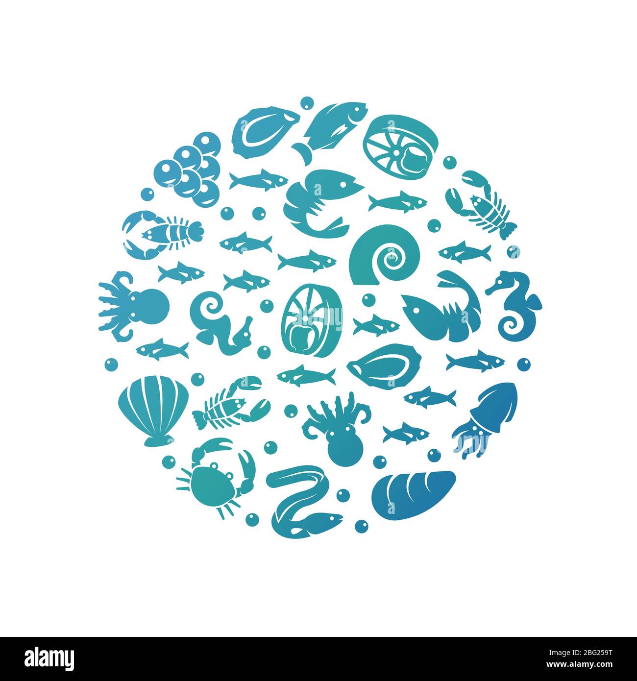 Ocean life colorful round concept - sea food emblem design. Sea and ocean fish, underwater animal and seafood. Vector illustration Stock Vector