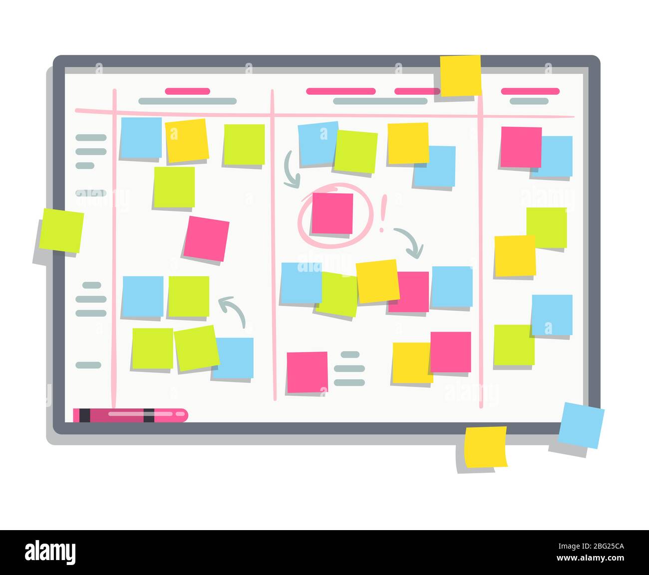 Process planning board with color sticky notes. Scrum task whiteboard flat  vector illustration. Board with colored note sticker reminder Stock Vector  Image & Art - Alamy