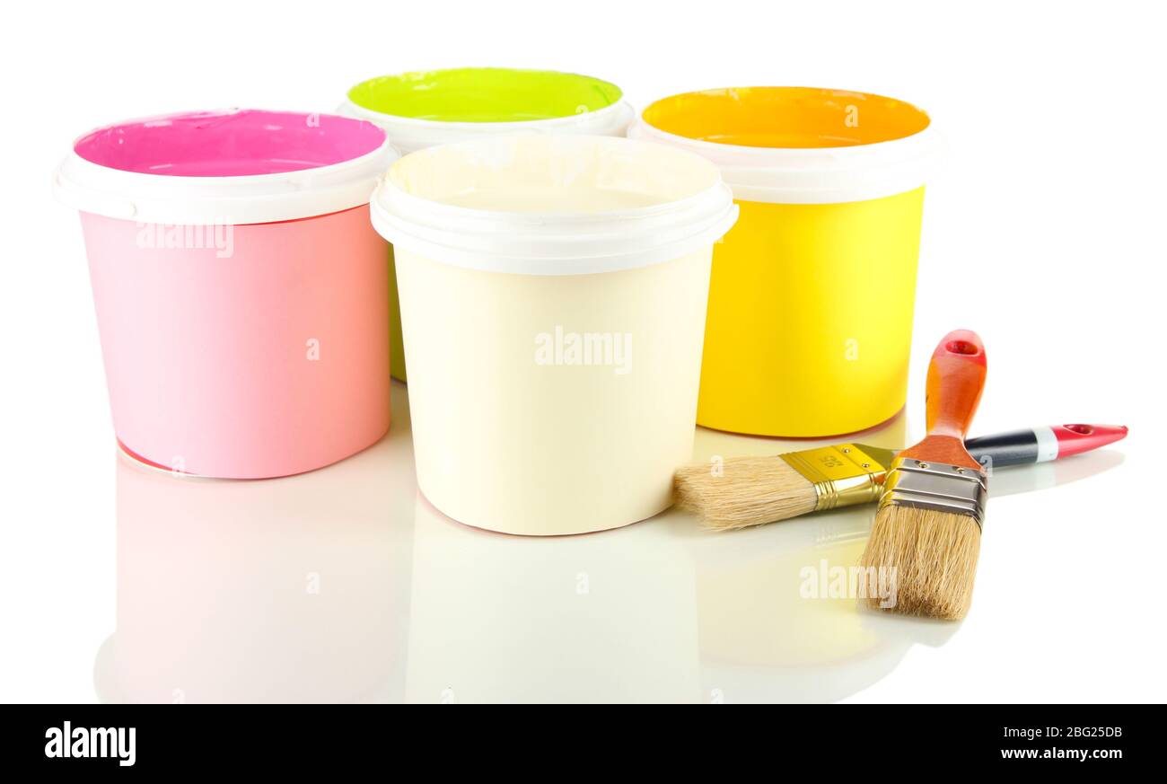 Paint pots and brushes isolated on white Stock Photo Alamy