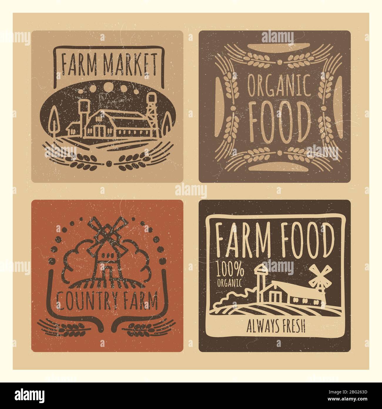 Grunge organic food farm market vintage labels design. Vector illustration Stock Vector