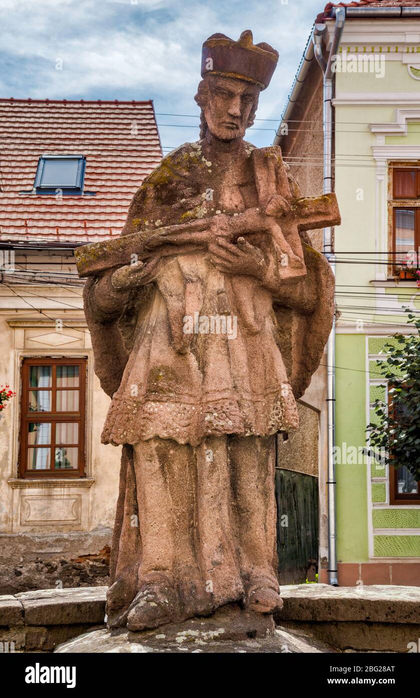 Statue of Saint John of Nepomuk at Catholic Church in Gheorgheni, Szekely Land, Harghita County, Transylvania, Romania Stock Photo