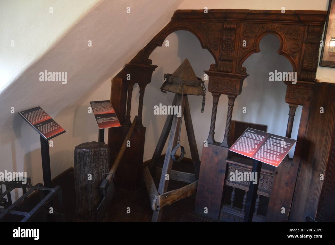 Torture devices on display at Bran Castle, Romania Stock Photo