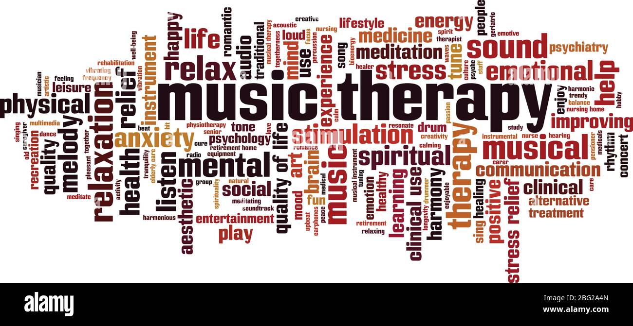 Music therapy word cloud concept. Collage made of words about music