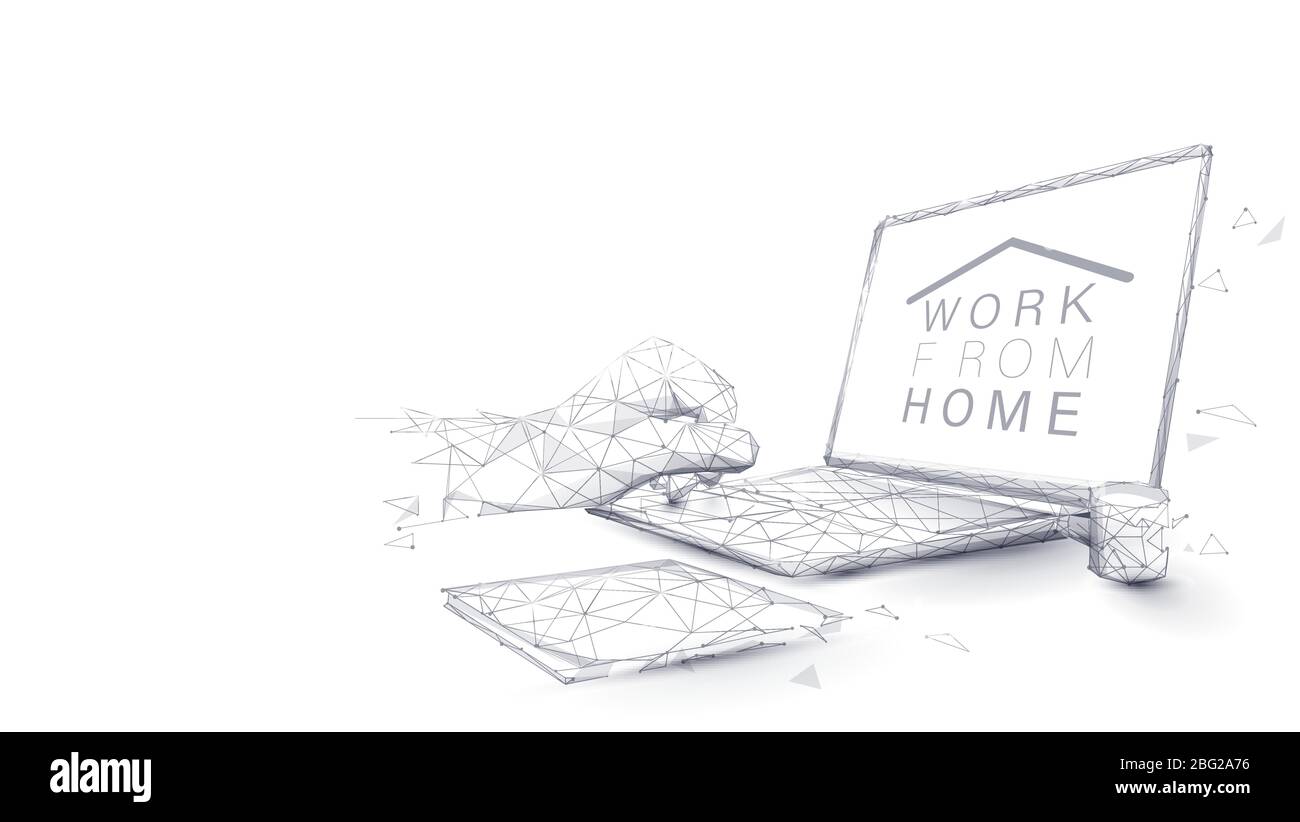 Man hands using laptop. Working from home concept. Home office in covid-19 crisis. Low poly vector Stock Vector