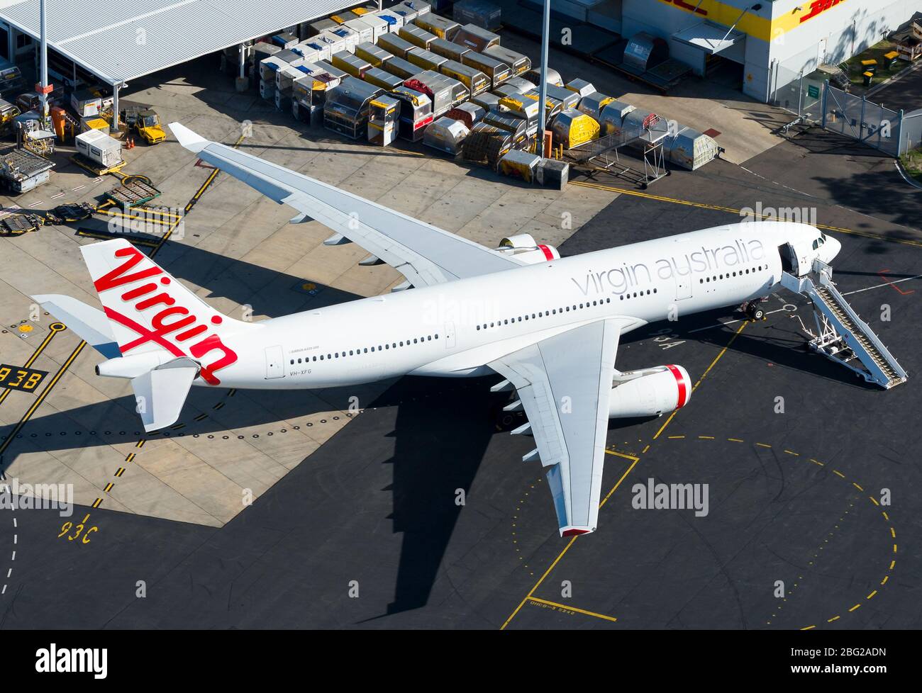 Virgin Australia Airlines Airbus A330 aircraft VH-XFG parked at Sydney Airport. Airline entering voluntary administration during crisis period. Stock Photo