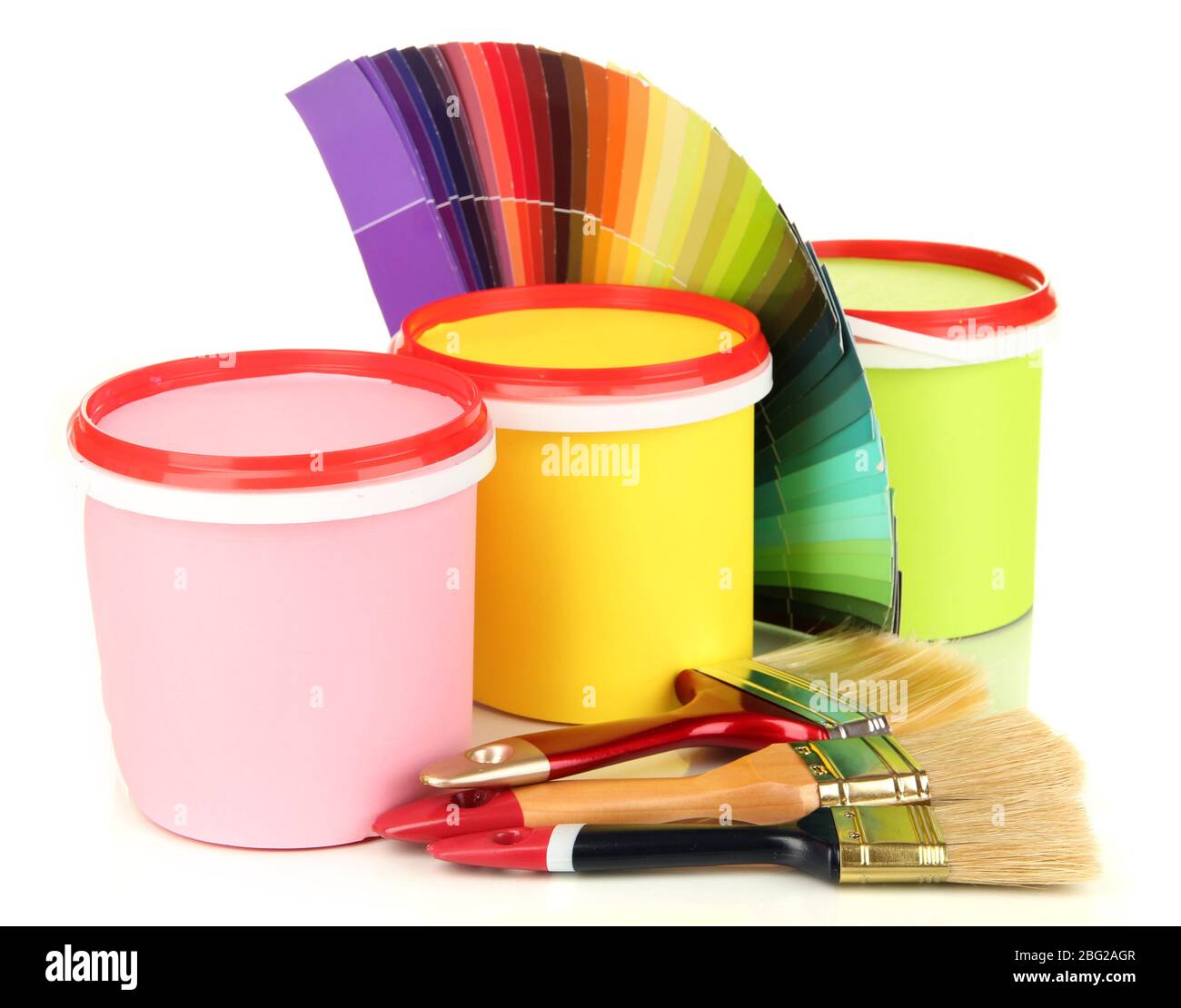 Set for painting paint pots, brushes, palette of colors isolated on