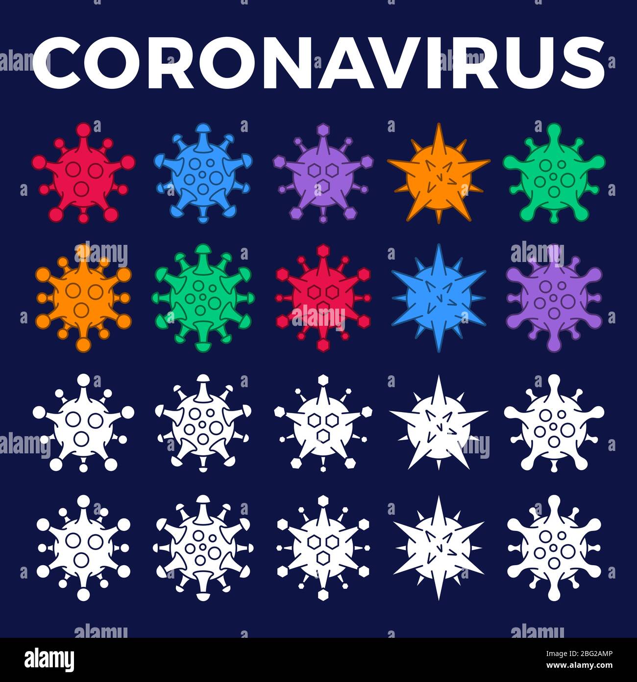 Set of different viral cells icon. Novel Coronavirus (2019-nCoV). Virus Covid 19-NCP. Coronavirus nCoV denoted is single-stranded RNA virus. Outline a Stock Vector