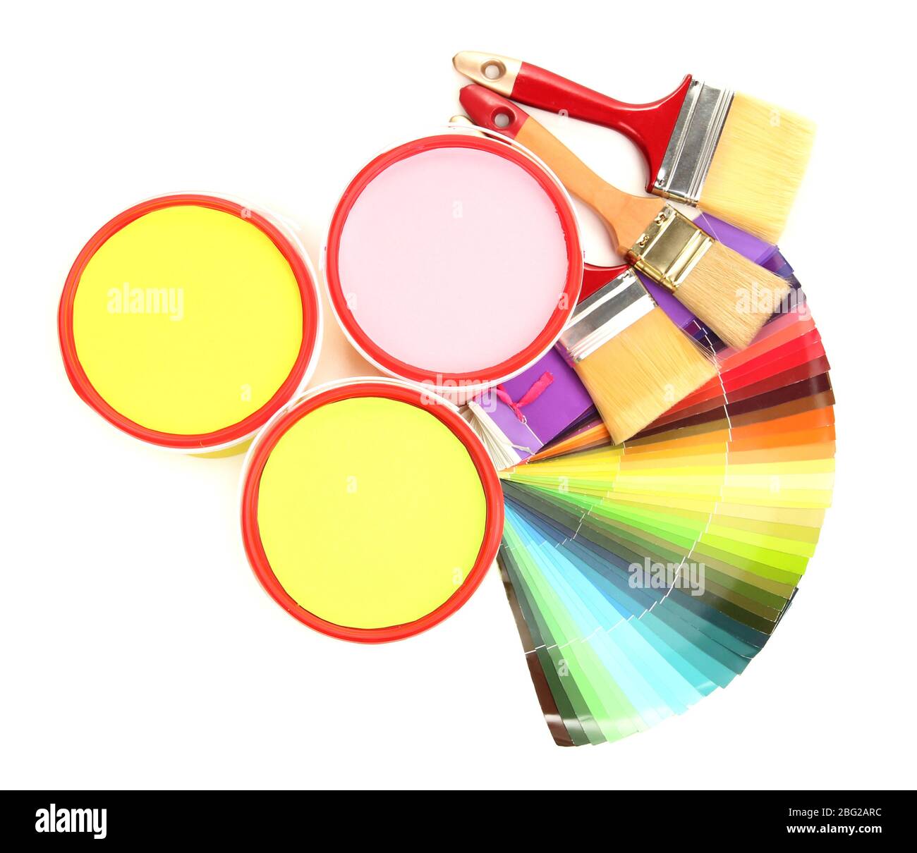 Set for painting paint pots, brushes, palette of colors isolated on