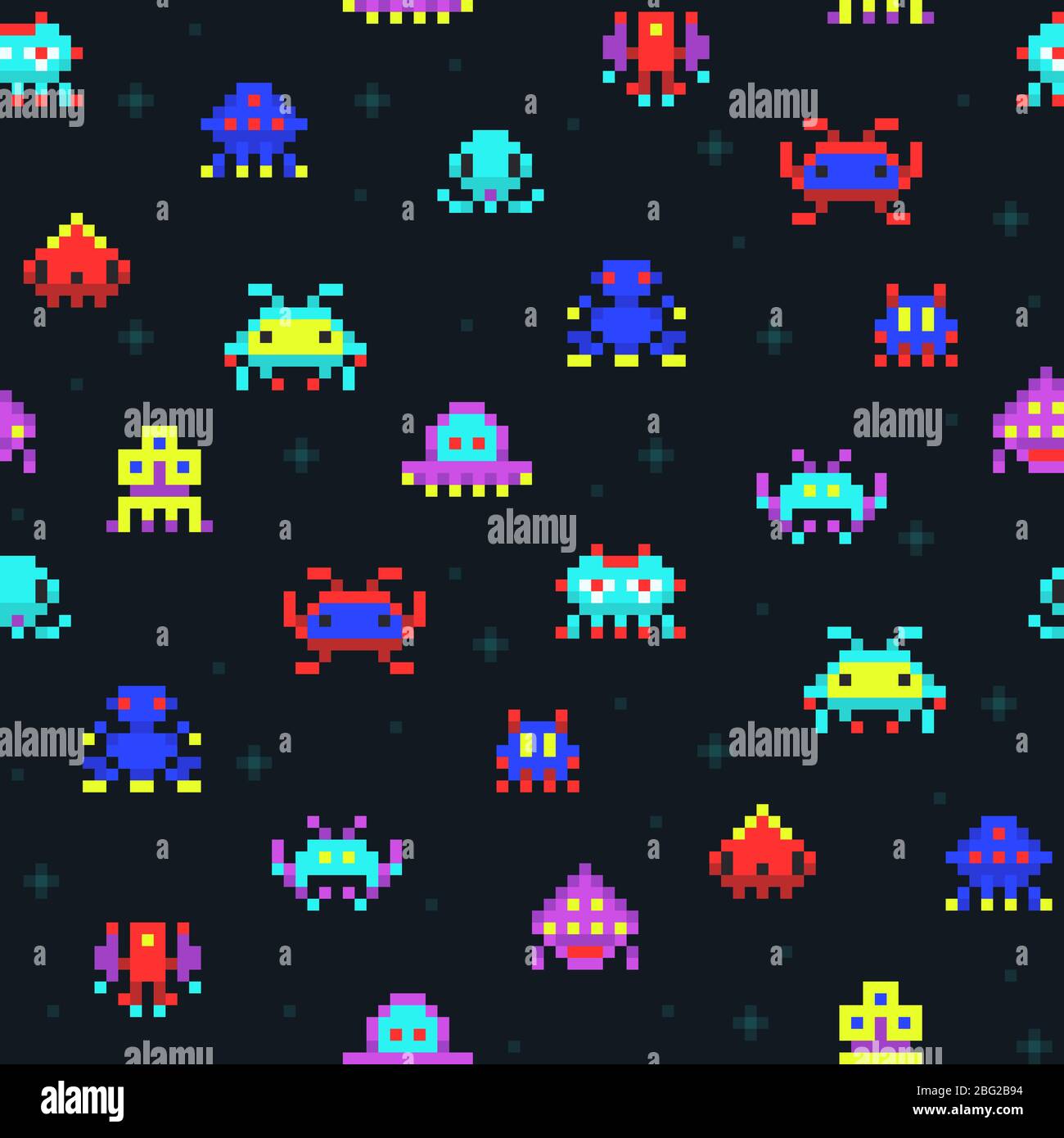 Cute pixel robots, space invaders retro video computer game seamless vector pattern. Pixel monster colored in space, comic cartoon arcade pixelated il Stock Vector