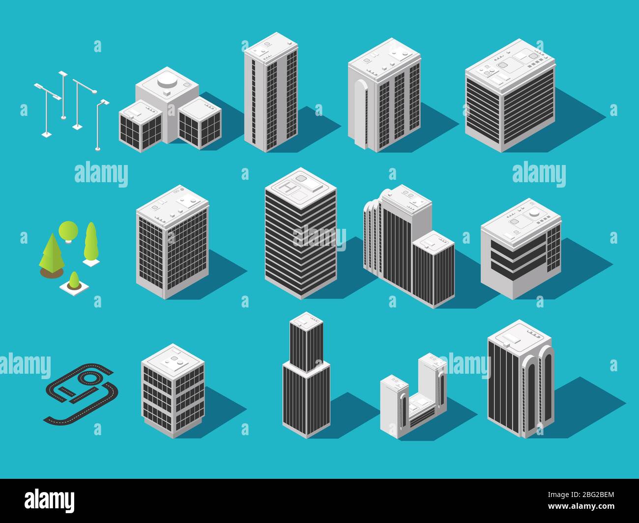 Isometric city 3d building and houses with urban elements vector set ...