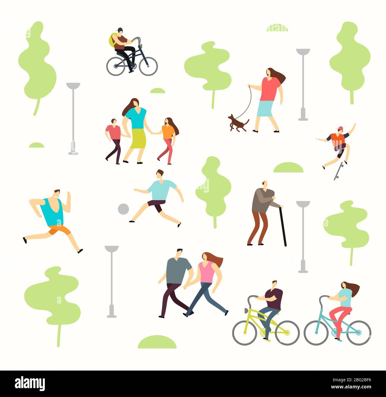Happy active people in various lifestyles in spring park with trees. Man and woman walking outdoor park wuth green tree, walk family vector illustrati Stock Vector