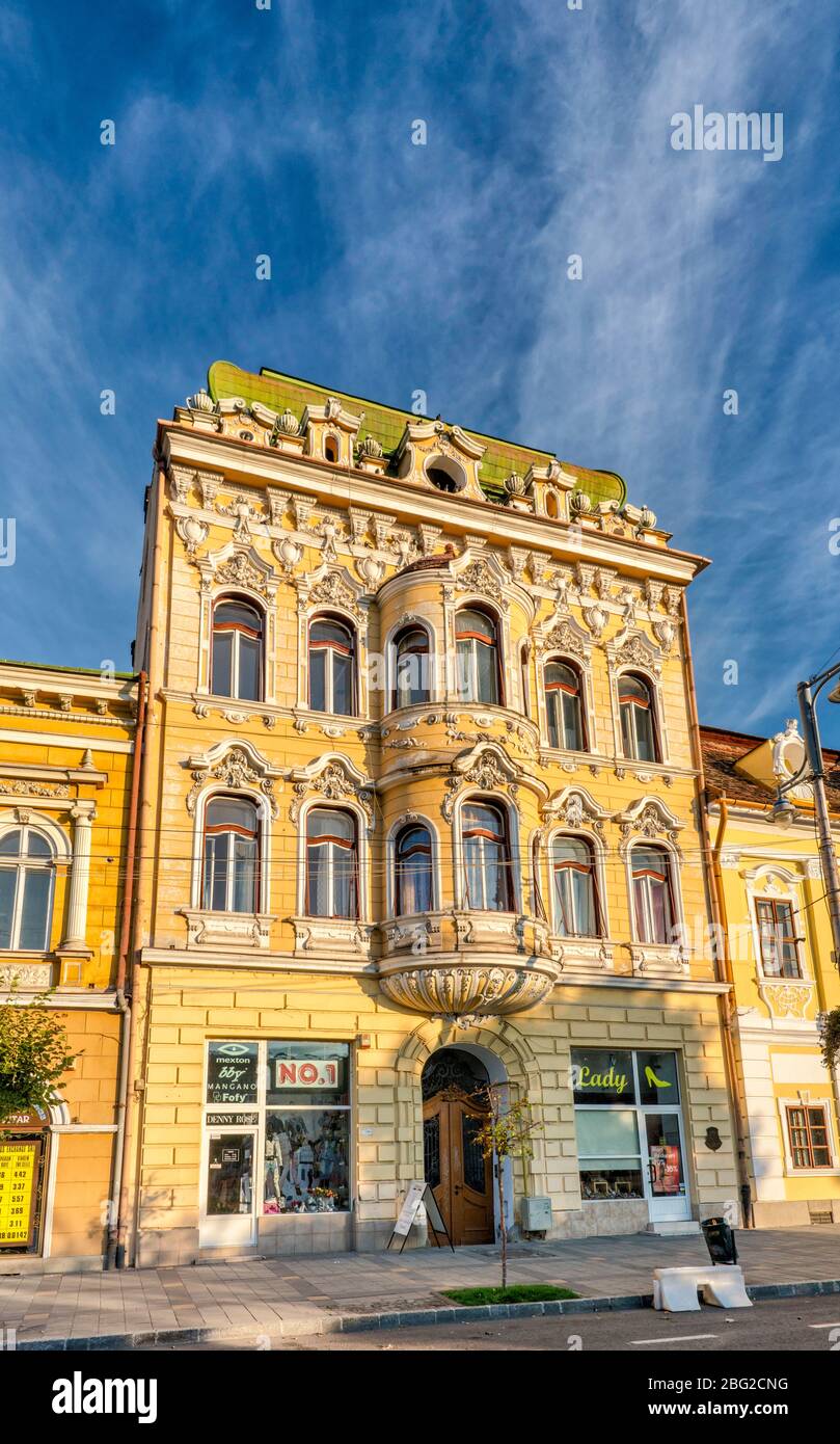 Historical building at Piata Trandafirilor, central square in Targu Mures, Szekely Land, Mures County, Transylvania, Romania Stock Photo