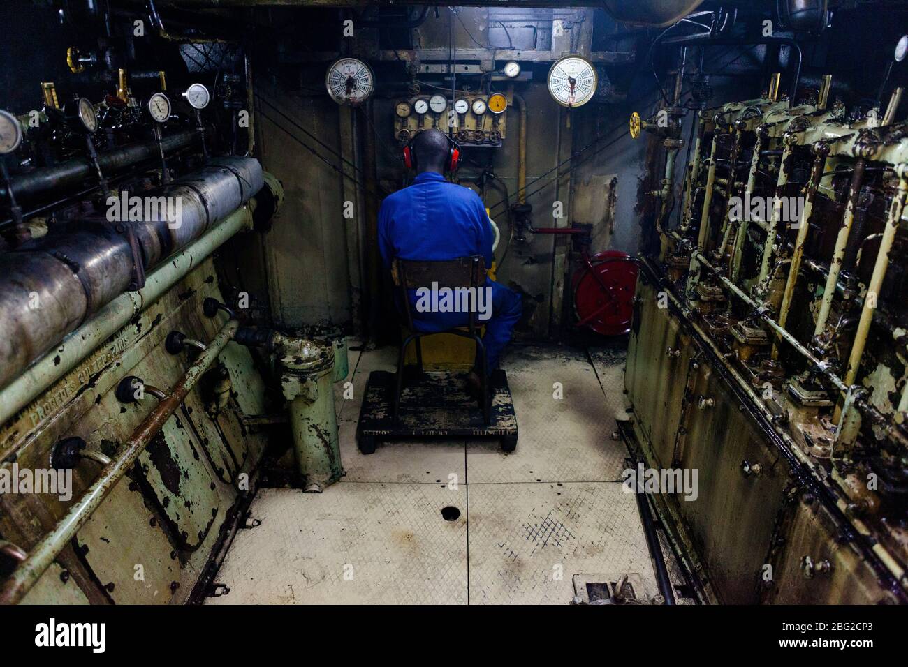 The engine room of the Bou el Mogdad antique river boat on the Senegal River. Stock Photo