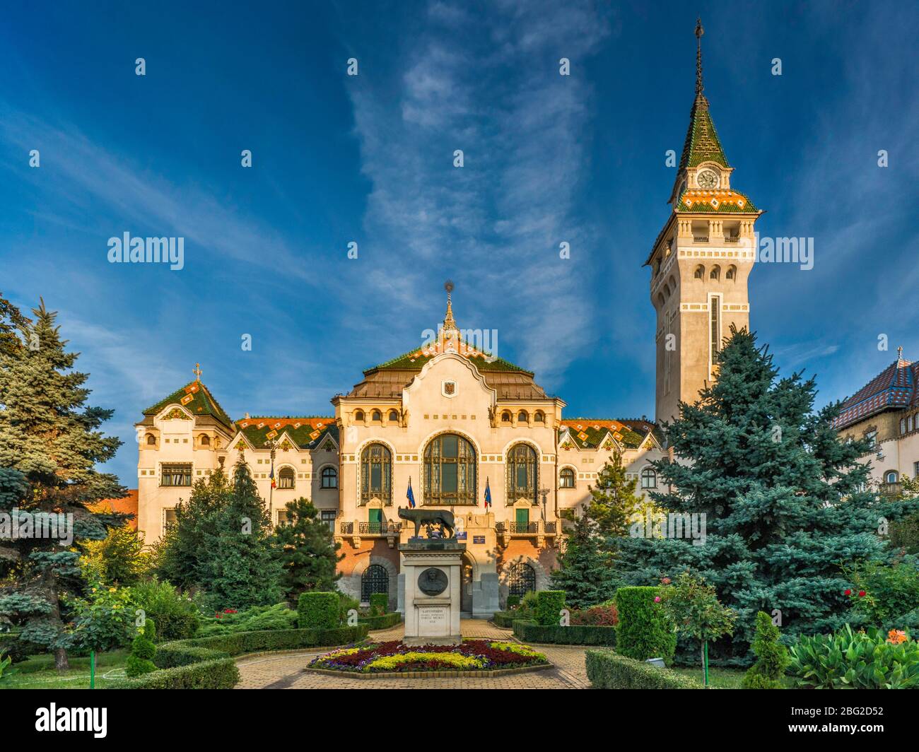 Prefecture (City Hall), 1907, Art Nouveau, at Piata Trandafirilor, central square in Targu Mures, Szekely Land, Mures County, Transylvania, Romania Stock Photo