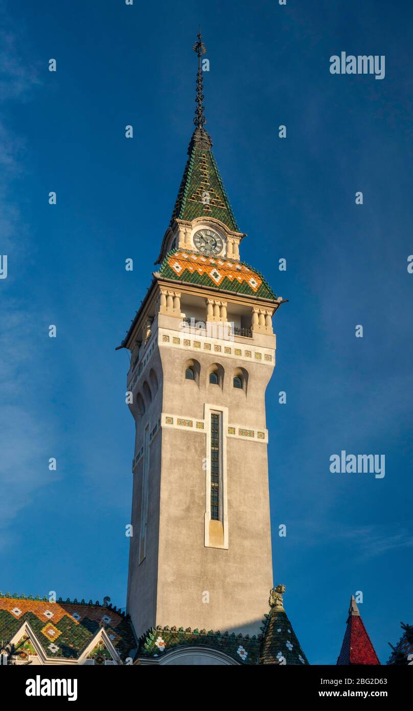 Clock tower at Prefecture (City Hall), 1907, Art Nouveau, at Piata Trandafirilor, in Targu Mures, Szekely Land, Mures County, Transylvania, Romania Stock Photo